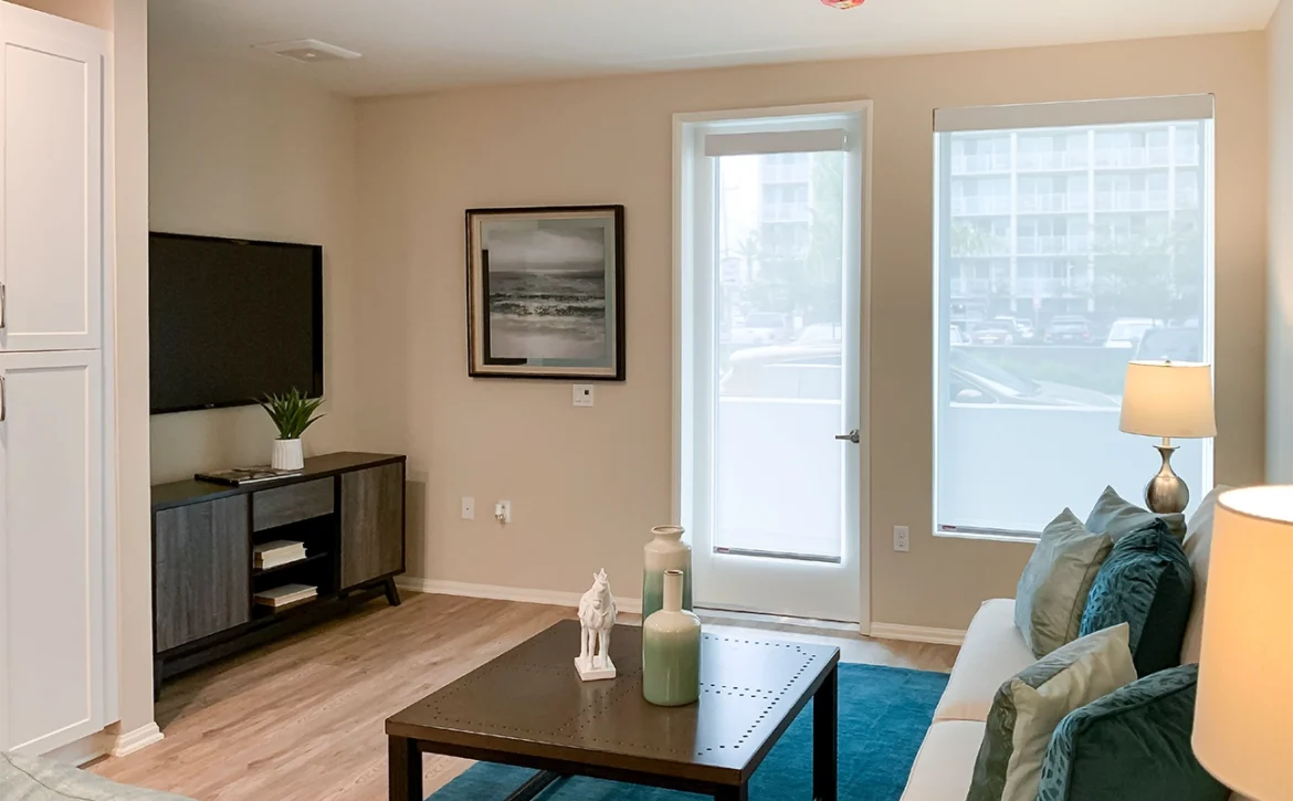 2 bedroom apartment interior at C+C Flats in Chula Vista, CA — spacious open-concept living and dining area with modern finishes